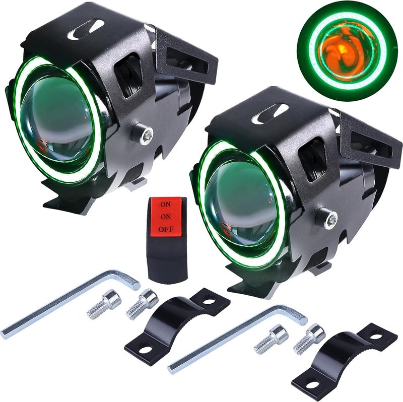 PAKRYS Motorcycle LED Fog Lights U7 Spotlight with High Low Strobe Beam Halo Rings White Central with U7 LED Running DRL Switches Clamps Universal Spotlights Driving Lights 2 Packs - Image 1